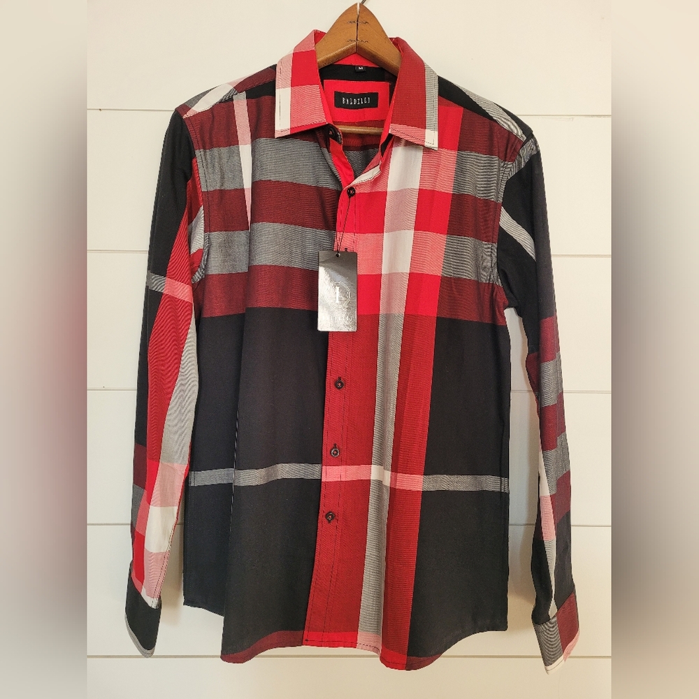 Baldelli Red and Black Plaid Men's Cotton Dress Shirt, Medium